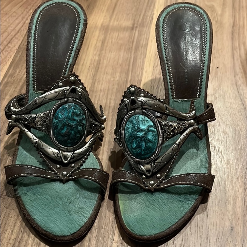 Giuseppe Zanotti Turquoise and Brown Mules